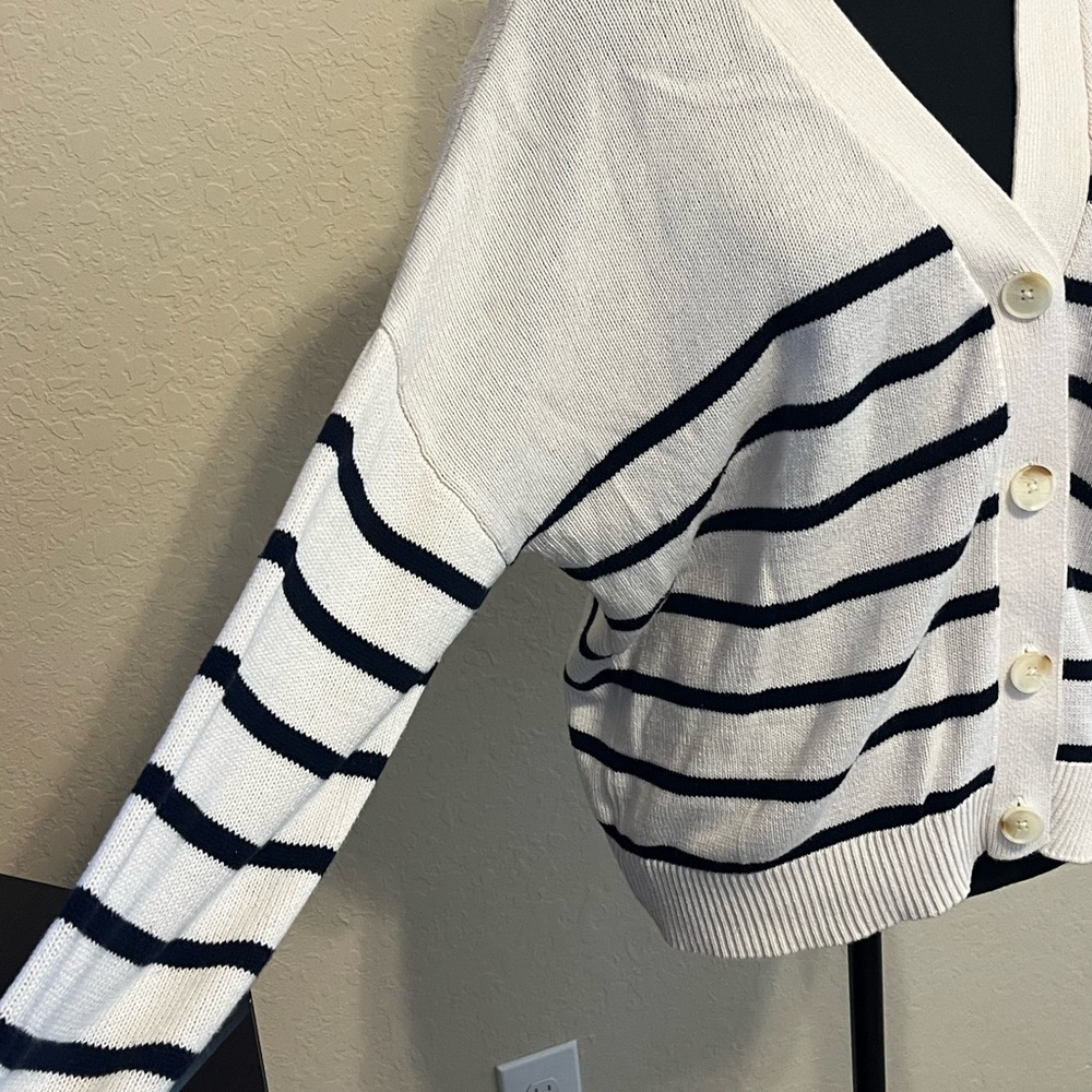 LOFT Blue and White Striped Cardigan Sweater - Picture 4 of 5